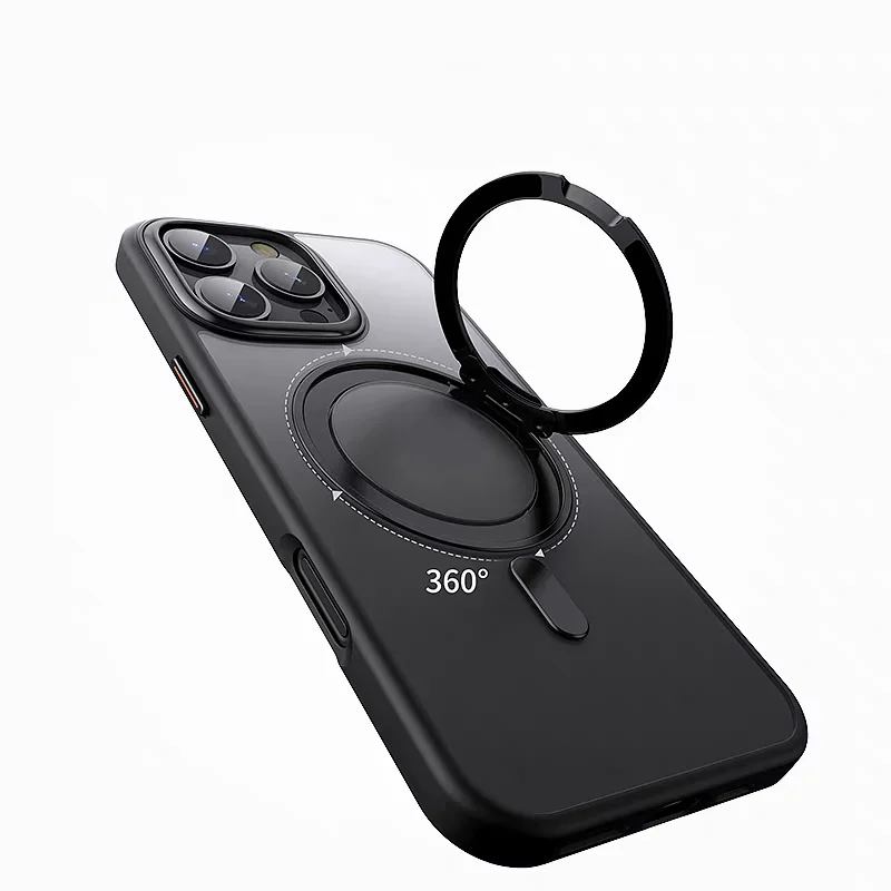 Magnetic 360&deg;Rotation Stand Phone Case for Iphone 16 14 15 Plus 11 12 13 Pro Max Ring Holder Frosted Transparent Matte PC Cover